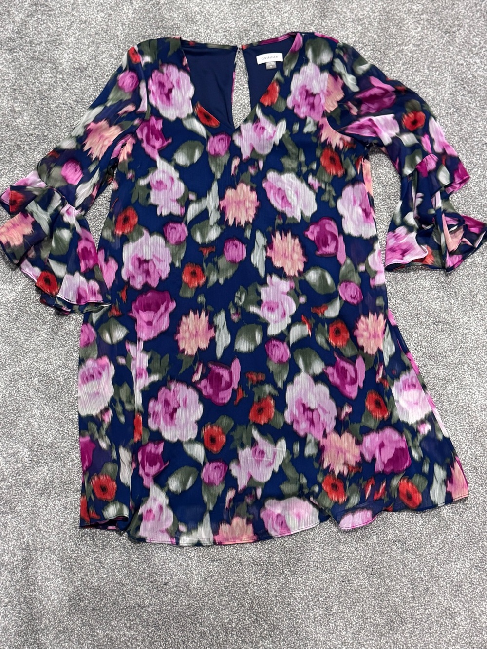 Calvin Klein Floral  V-Neck Ruffle Sleeve Shift Dress  - Navy/Pink